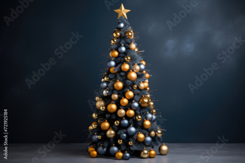 Decorated Christmas tree and gift boxes near blue wall. Space for text