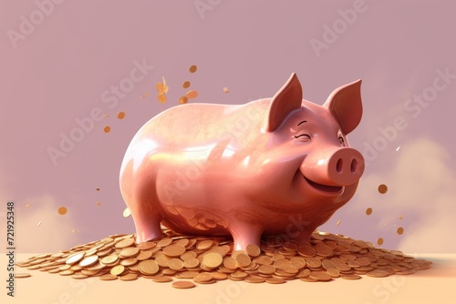 A cheerful suidae rests atop a mountain of riches, safeguarded by a loyal piggy bank, representing the playful and protective nature of this domesticated animal photo