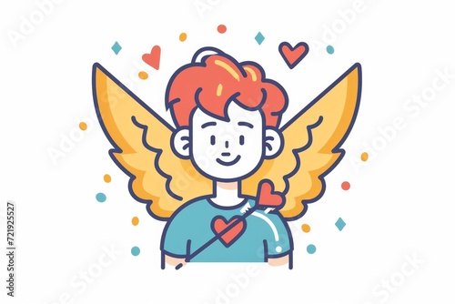 An endearing animated illustration of a young boy with wings and a heart, captured in a playful cartoon style with vibrant colors and charming clipart elements