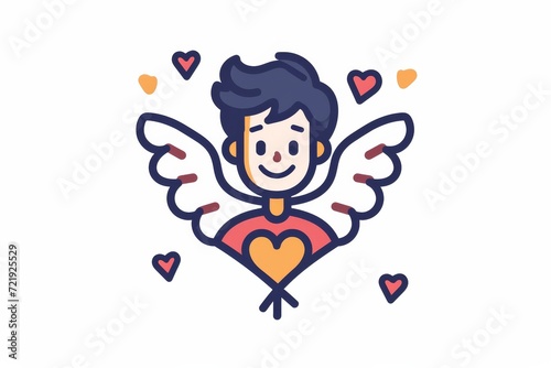 A whimsical illustration of a winged man surrounded by floating hearts, evoking feelings of love and wonder in a charming cartoon style