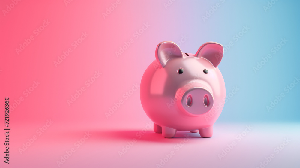 A cute piggy bank against a blue and pink gradient background.