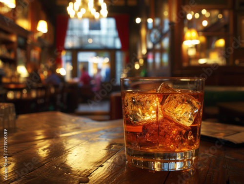 Whisky on the rocks in a glass  placed on a worn wooden bar in a rustic tavern  2024. Warm  inviting pub ambiance concept. Design for hospitality and traditional drink experiences