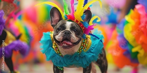 A funny French Bulldog in a multi-colored costume is dancing at the Brazilian Carnival. photo