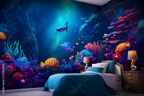A bedroom featuring a vibrant interactive wall mural
