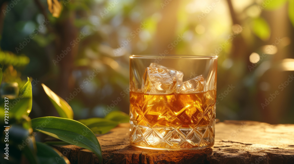 Golden whisky with ice in a crystal glass on a rustic stump in a lush garden setting. Outdoor relaxation and nature-inspired leisure concept. Design for spirit advertising and garden lifestyle content Golden whisky with ice in a crystal glass on a rustic stump in a lush garden setting. Outdoor relaxation and nature-inspired leisure concept. Design for spirit advertising and garden lifestyle content