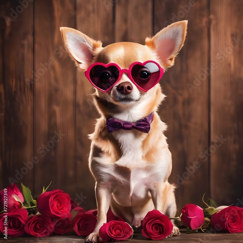 chihuahua puppy with red rose ,Happy valentine's day
