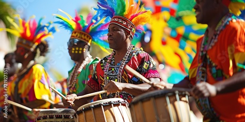 Carnival music played on drums by colorfully dressed musicians.