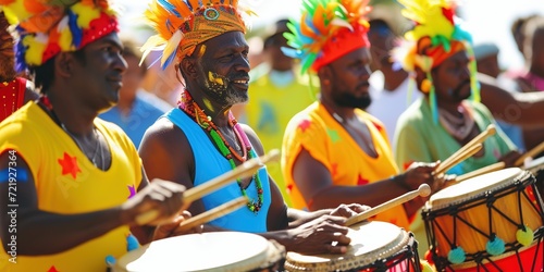 Carnival music played on drums by colorfully dressed musicians.