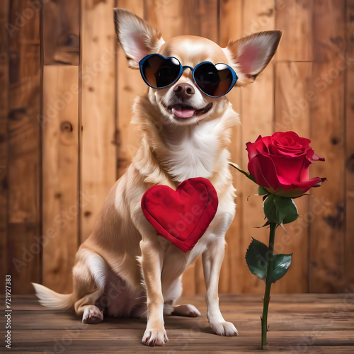 chihuahua puppy with red rose ,Happy valentine's day