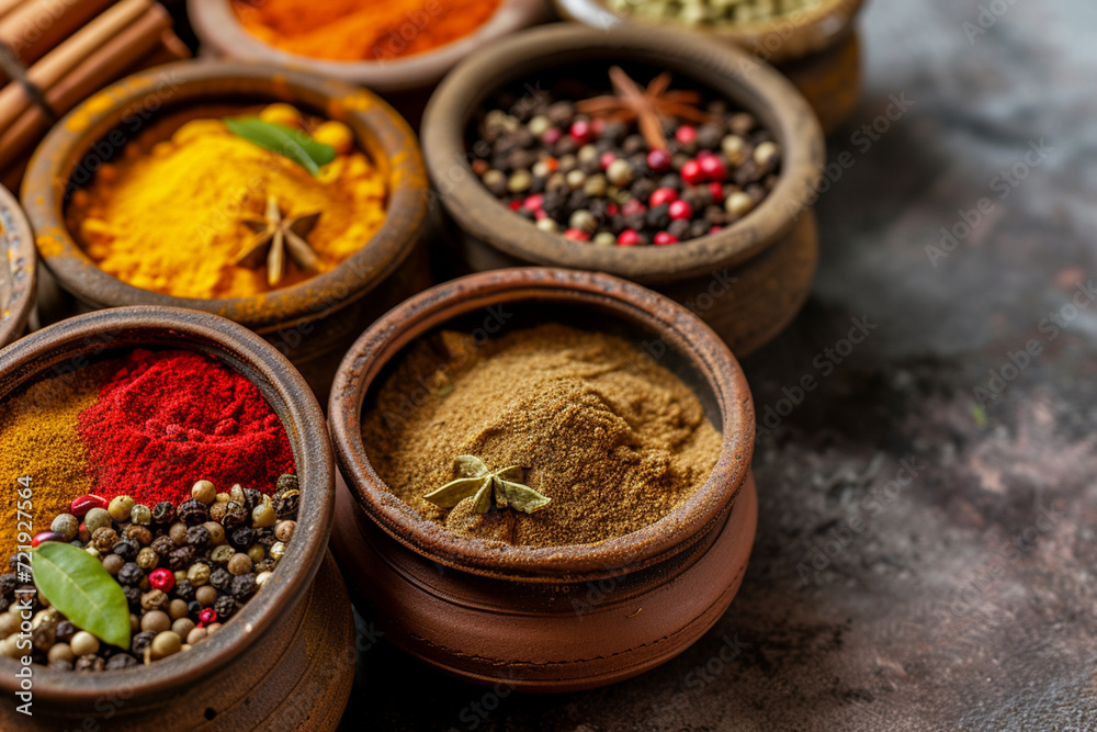 Assortment of Exotic Spices in Traditional Clay Pots