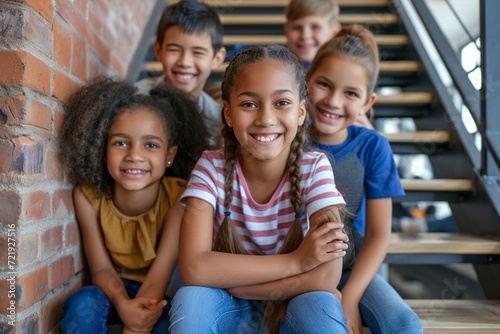 Happy mixed race school kids sitting together on staircase