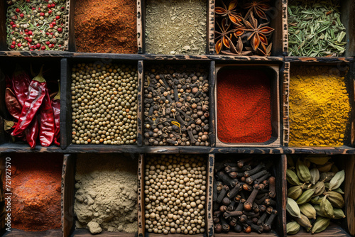 Collection of Spices and Herbs in Wooden Compartments