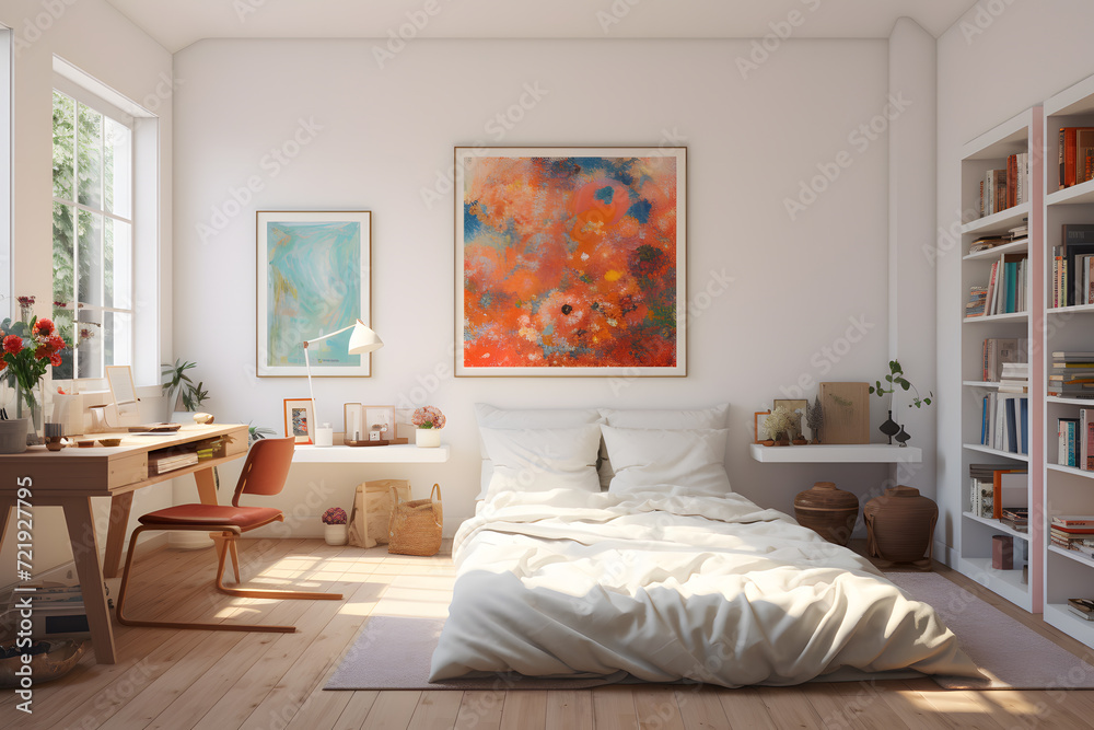 A bedroom with a built-in wall-mounted art studio