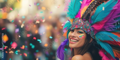 Happy woman with colorful tribal feathers on the street during carnival event with floating confetti and bokeh on background. Street performer wearing native feathered headdress. photo