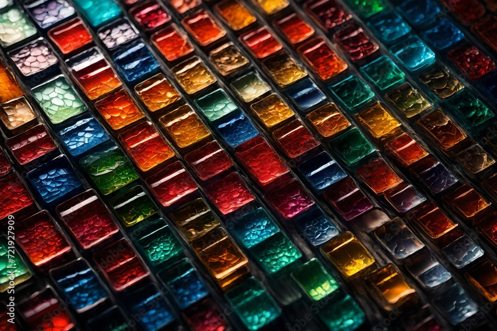 Detailed close-up of color gels arranged in a mosaic pattern, with each gel meticulously lit to showcase the individual beauty of its color and texture. Detailed close-up of color gels arranged in a mosaic pattern, with each gel meticulously lit to showcase the individual beauty of its color and texture.