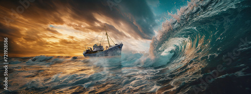 trawler ship in front of a tsunami wave, Generated image photo