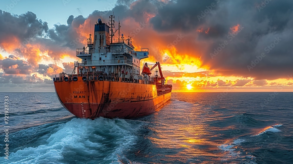 A cargo vessel with strong lifting equipment is sailing on calm waters. A cargo vessel with strong lifting equipment is sailing on calm waters.
