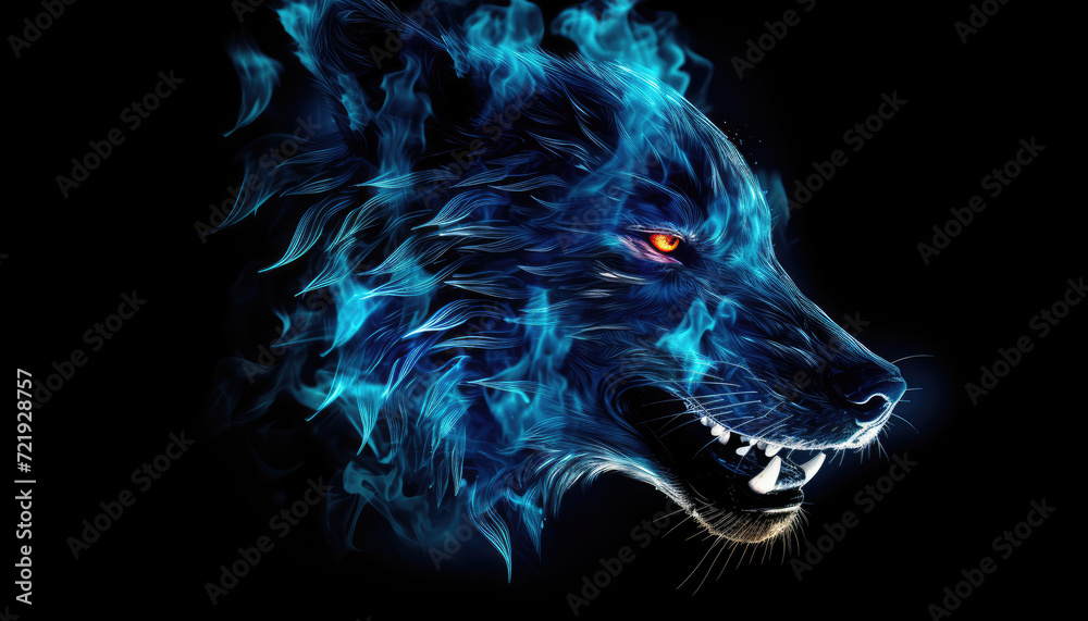 Blue fire and flames textured wolf head isolated on clear black background - obrazy, fototapety, plakaty 