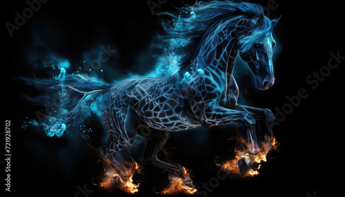 Blue fire and flames textured horse isolated on clear black background