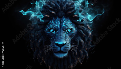 Blue fire and flames textured lion head isolated on clear black background