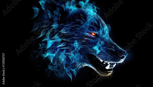 Blue fire and flames textured wolf head isolated on clear black background