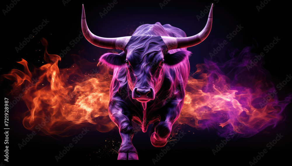 Purple fire and flames textured running bull isolated on clear black background Purple fire and flames textured running bull isolated on clear black background
