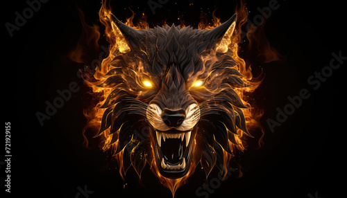Gold fire and flames textured agressive wolf head isolated on clear black background