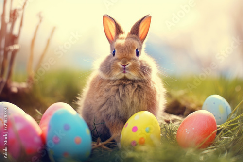 Cute Easter bunny sitting on the grass with colored Easter eggs on a sunny spring day