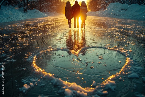 Couple participating in a synchronized ice skating routine with heart-shaped formations photo