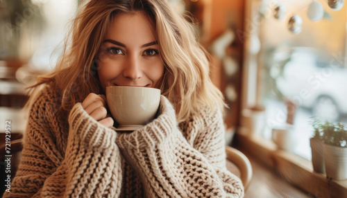 Beatiful young woman drinking coffee in cozy cafe background
