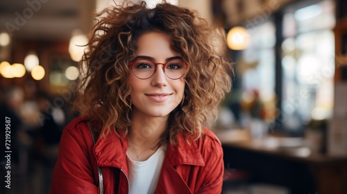 Stunning lady with a radiant smile donning fashionable crimson spectacles gazing at the lens. Genuine image of intelligent and joyful scholar, representing the idea of learning.