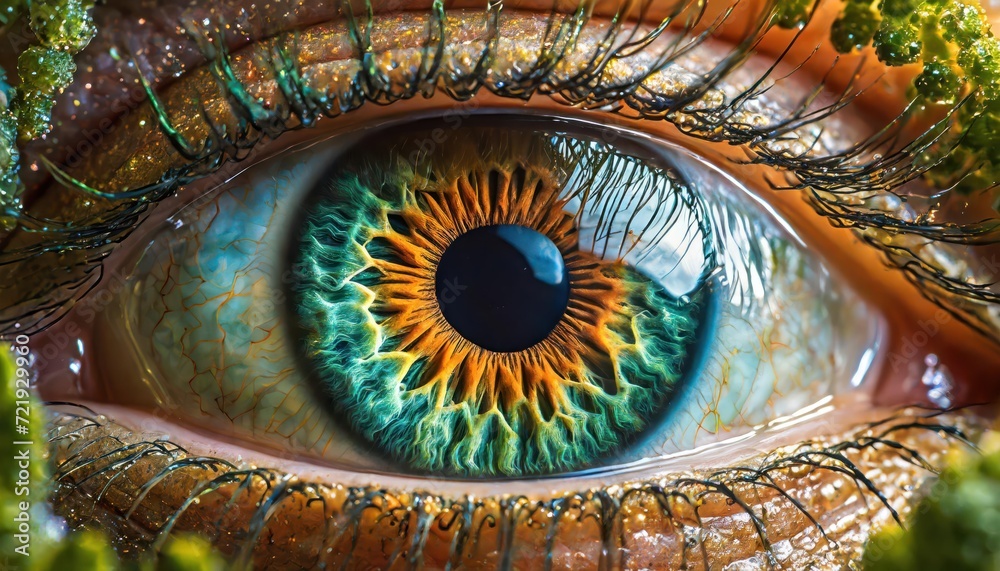 Close up of eye iris on black background, macro, photography 