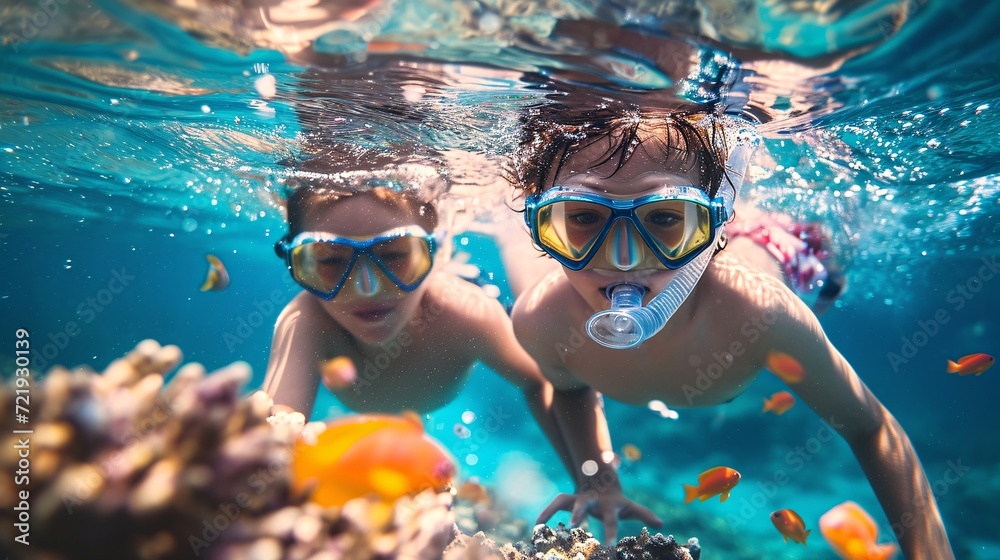 Naklejka premium Kids submersed in a snorkel.
