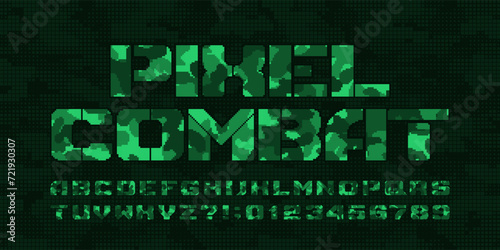Pixel Combat alphabet font. Stencil pixel letters and numbers. 80s arcade video game typeface.