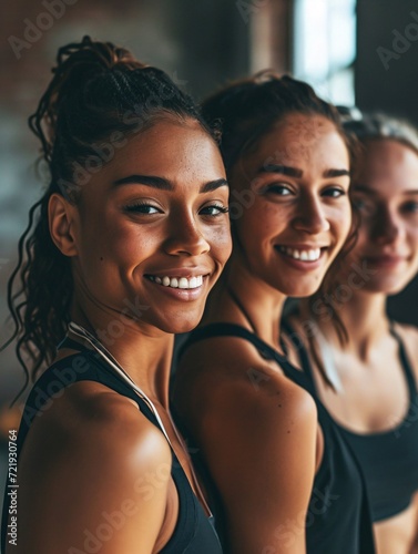 A group of cheerful female athletes posing in a studio, sporting workout attire and promoting a fit and active lifestyle.