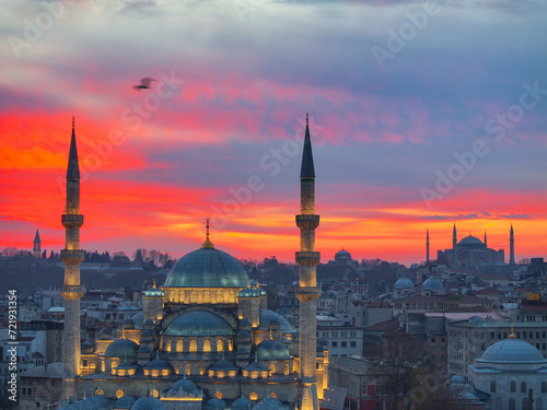 New Mosque (Yeni Cami) and Hagia Sophia (Ayasofya) Mosque in the Magnificent Sunrise Colorful  Drone Photo, Eminonu Fatih, Istanbul Turkiye (Turkey) photo