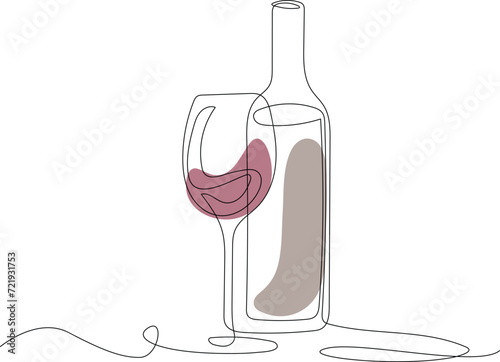 Vector Illustration of Bottle and Glass with Abstract Stains Line Art, Editable stroke