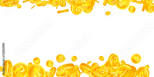 Russian ruble coins falling. Scattered gold RUB