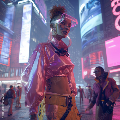 A Glimpse into the Fusion of 1980s Style and Futuristic Tech in a Cyberpunk Metropolis