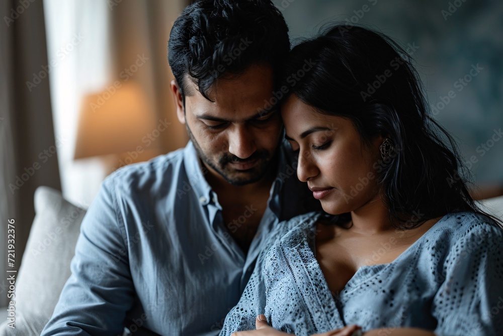 Obraz premium Fertility issues. Depressed Indian couple with negative pregnancy test comfort each other on couch with empty room.