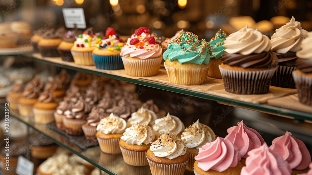 A warm and inviting bakery display featuring an array of colorful cupcakes, cookies, and sweet treats