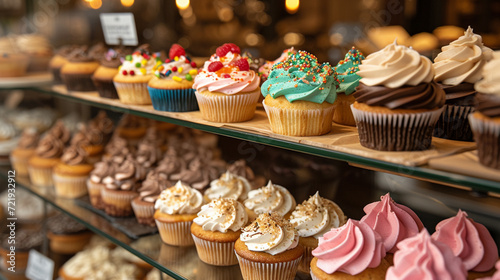 A warm and inviting bakery display featuring an array of colorful cupcakes, cookies, and sweet treats