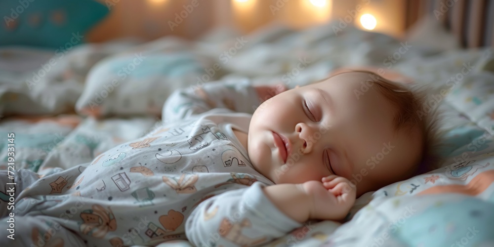 Infant slumbers in crib; family celebrates birthday with adorable child. Infant slumbers in crib; family celebrates birthday with adorable child.