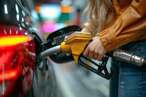 Woman's hand filling petrol at a fuel station in a top-notch picture.
