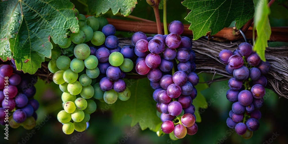 Clusters of violet and emerald grapes on the vine.