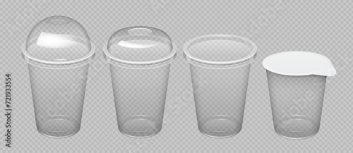 Realistic Transparent Disposable Plastic Cups With Lid. For various drinks, lemonade, fresh, coffee or ice cream. Mock up for brand template. vector illustration.