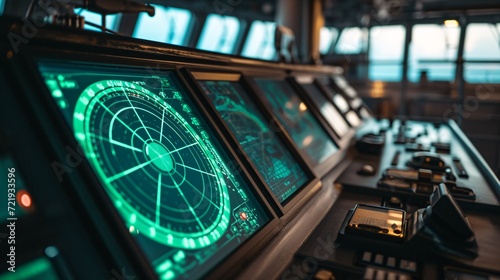 Green display on captain's bridge of contemporary vessel's radar. photo