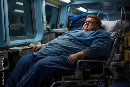 Fat man in wheelchair suffering from stomach ache at hospital ward. The concept of diet and weight loss. Overweight and obesity concept. Obesity Concept with Copy Space.