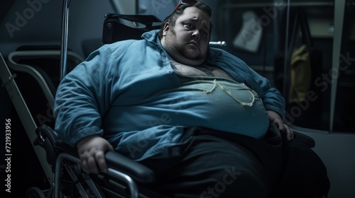 Fat man in wheelchair suffering from stomach ache at hospital ward. The concept of diet and weight loss. Overweight and obesity concept. Obesity Concept with Copy Space. © John Martin