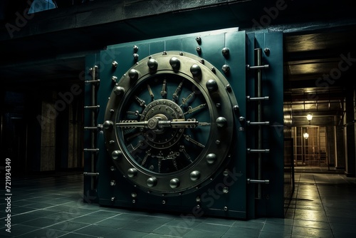 A looming vault door, adorned with a clock and sturdy metal, stands tall in the dark night, beckoning the viewer to uncover the secrets within the grand building